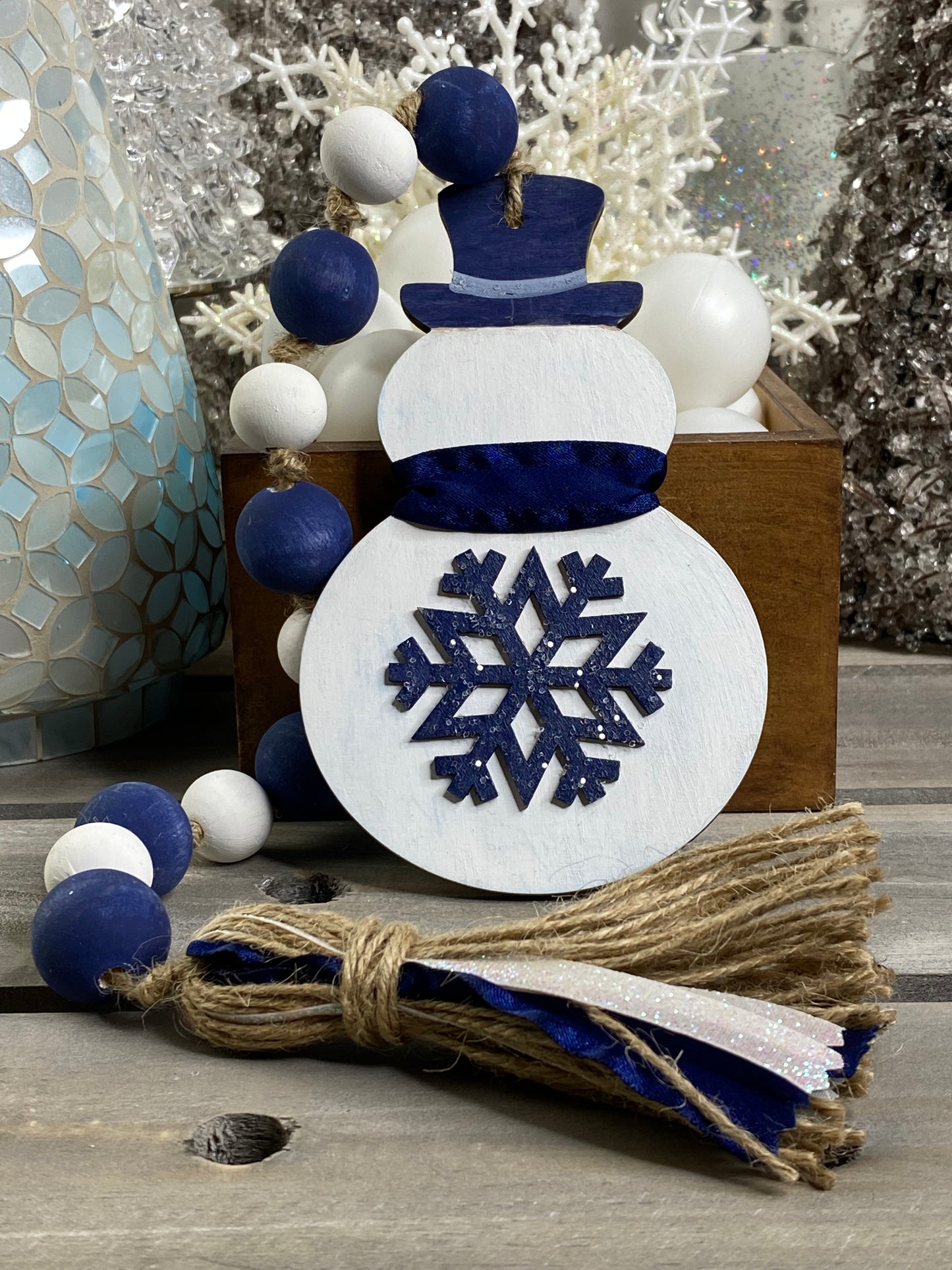 Snowman Wood Bead Garland Blue Hat