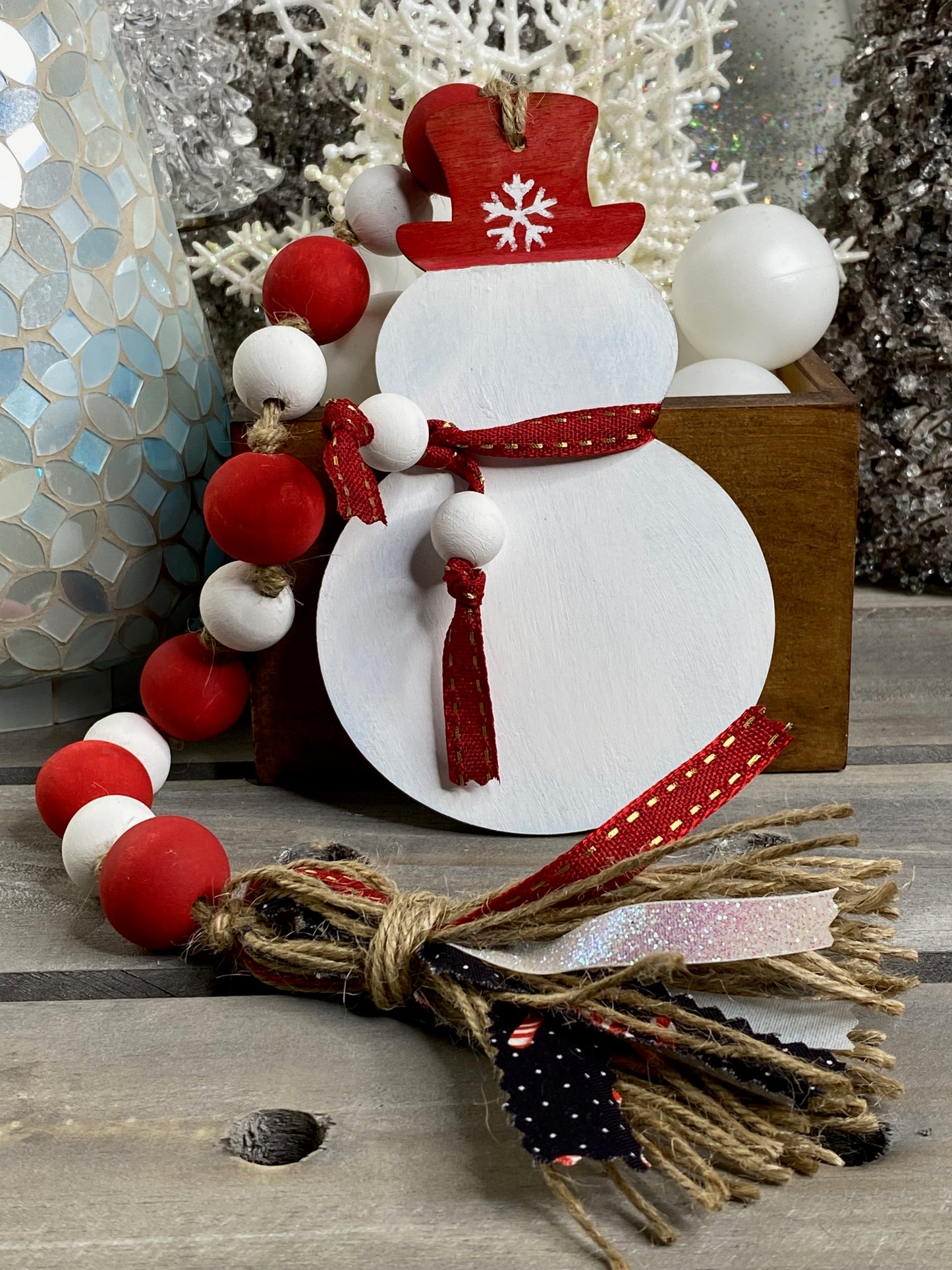 Snowman Wood Bead Garland Red Hat