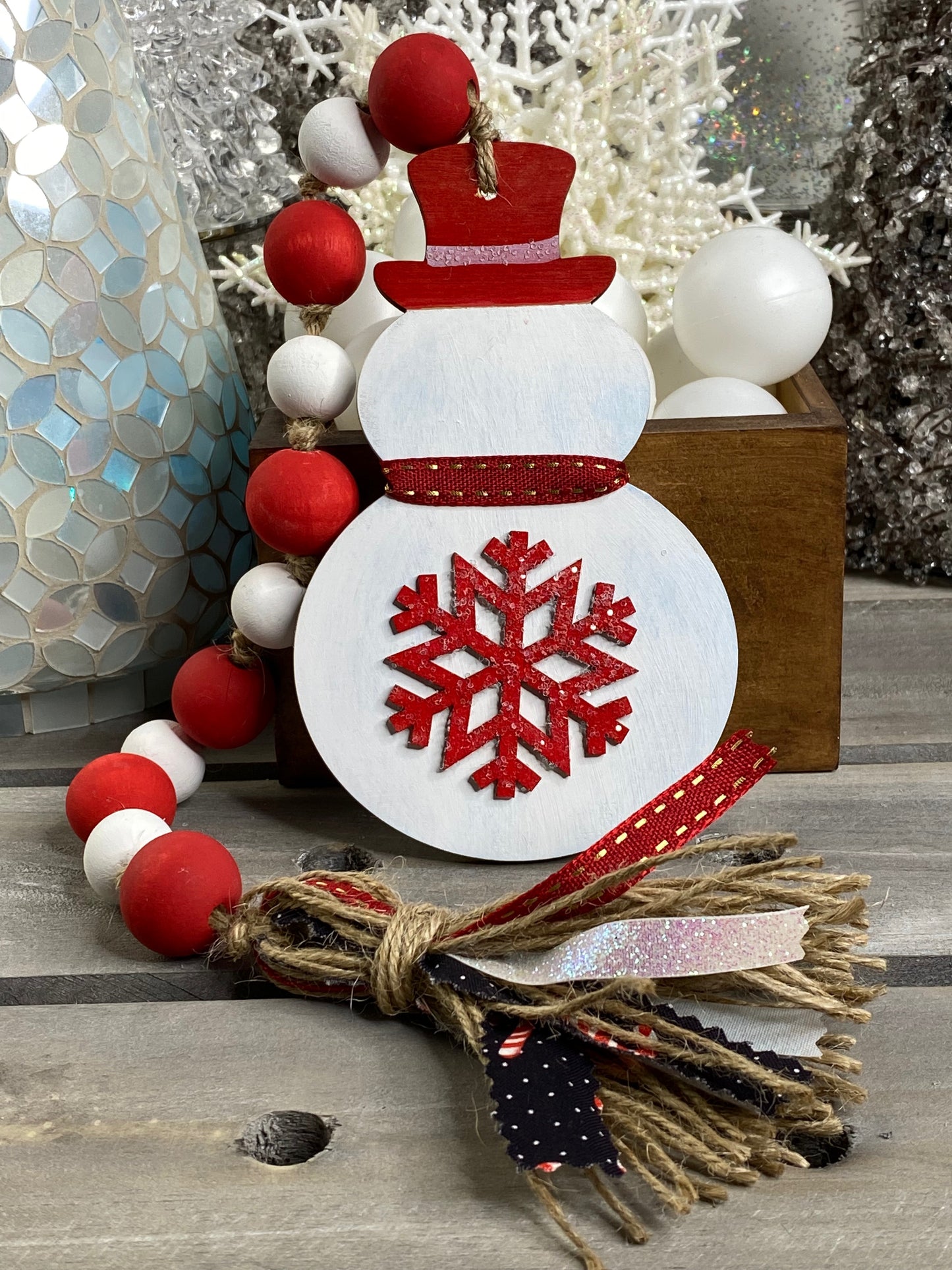 Snowman Wood Bead Garland Red Hat