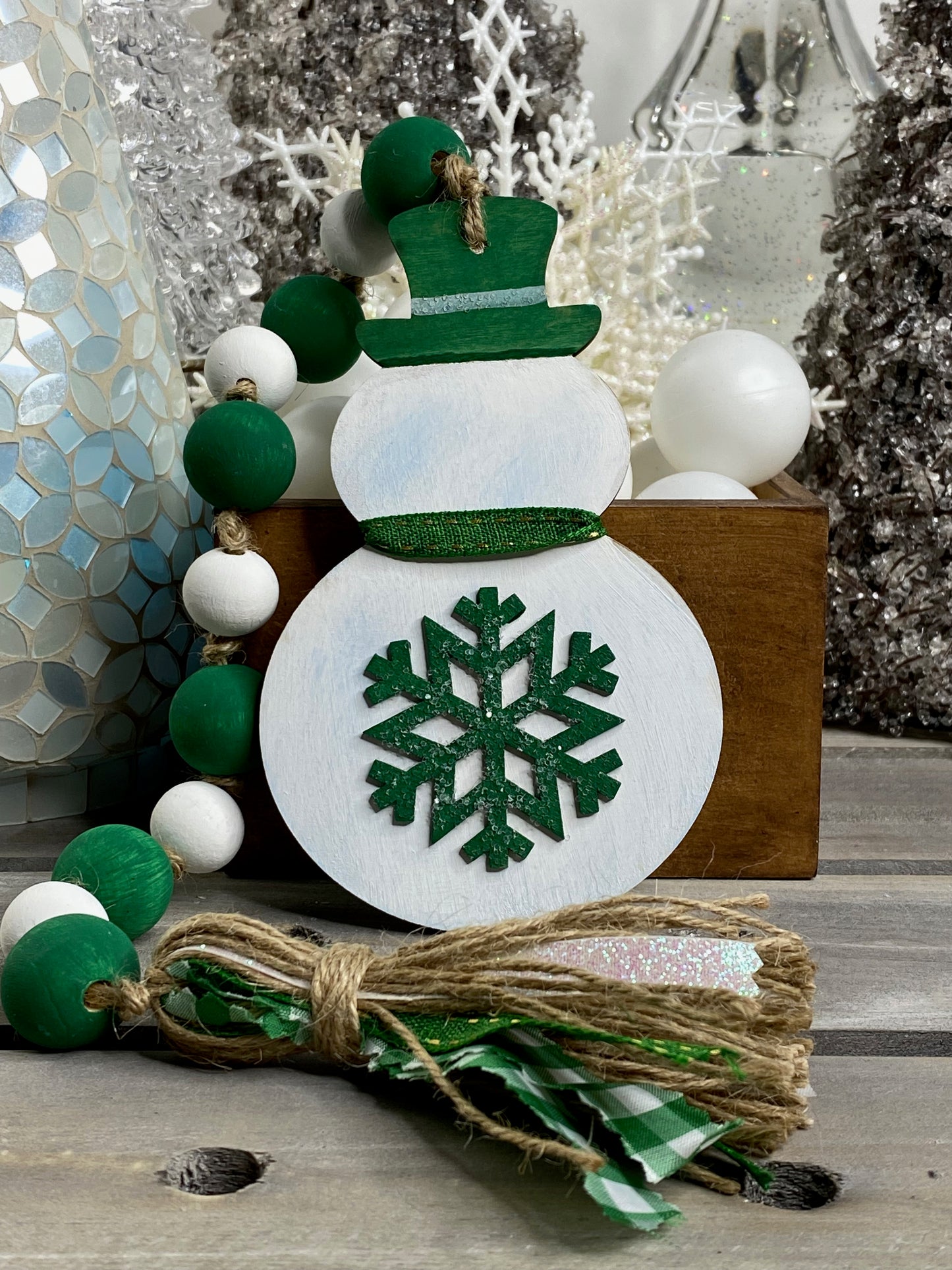 Snowman Wood Bead Garland Green Hat