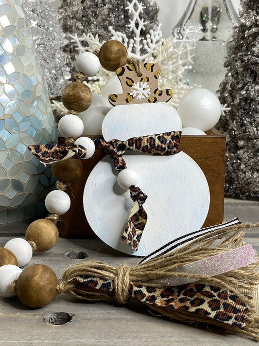 Snowman Wood Bead Garland Leopard Print Hat