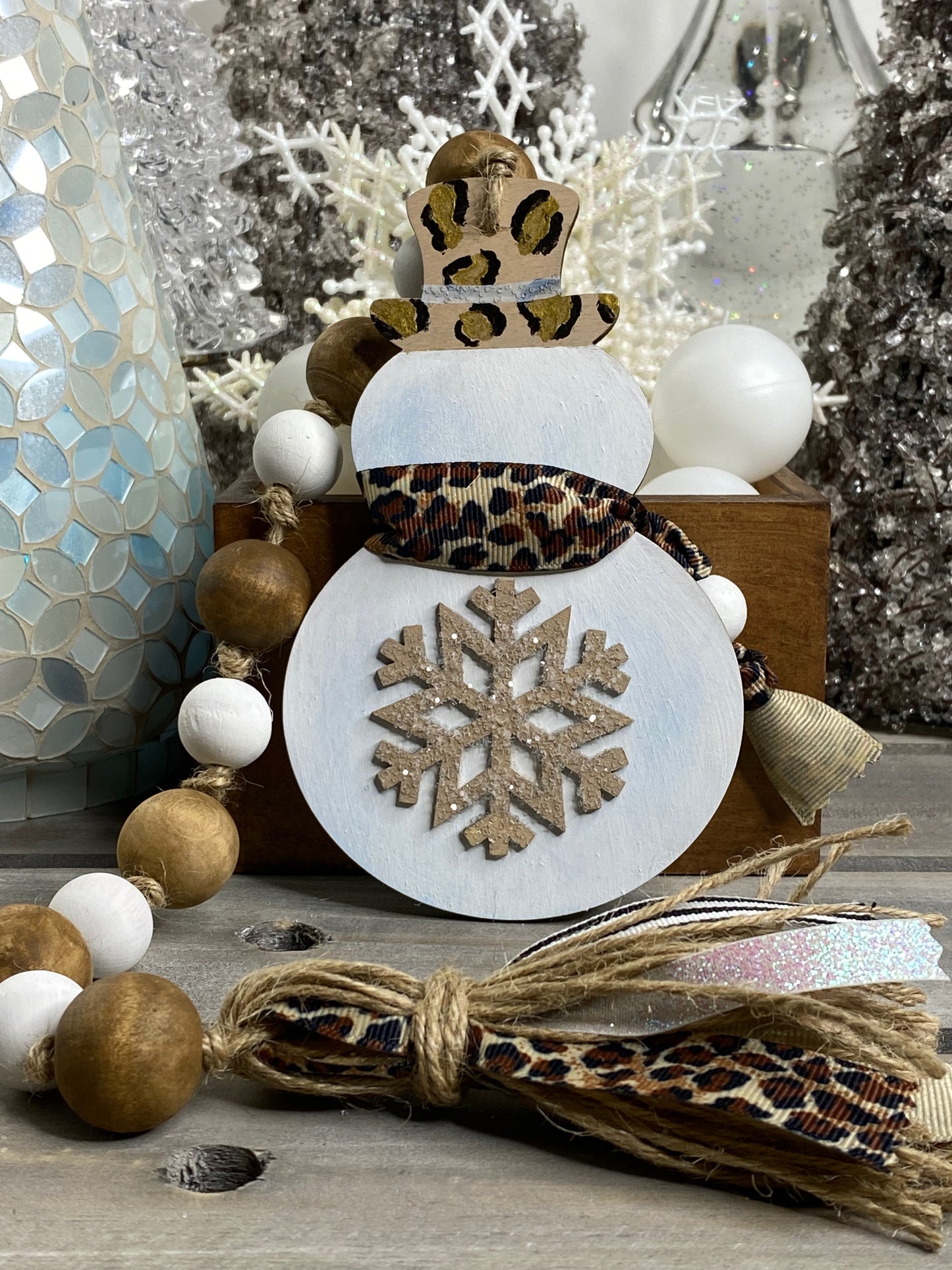 Snowman Wood Bead Garland Leopard Print Hat