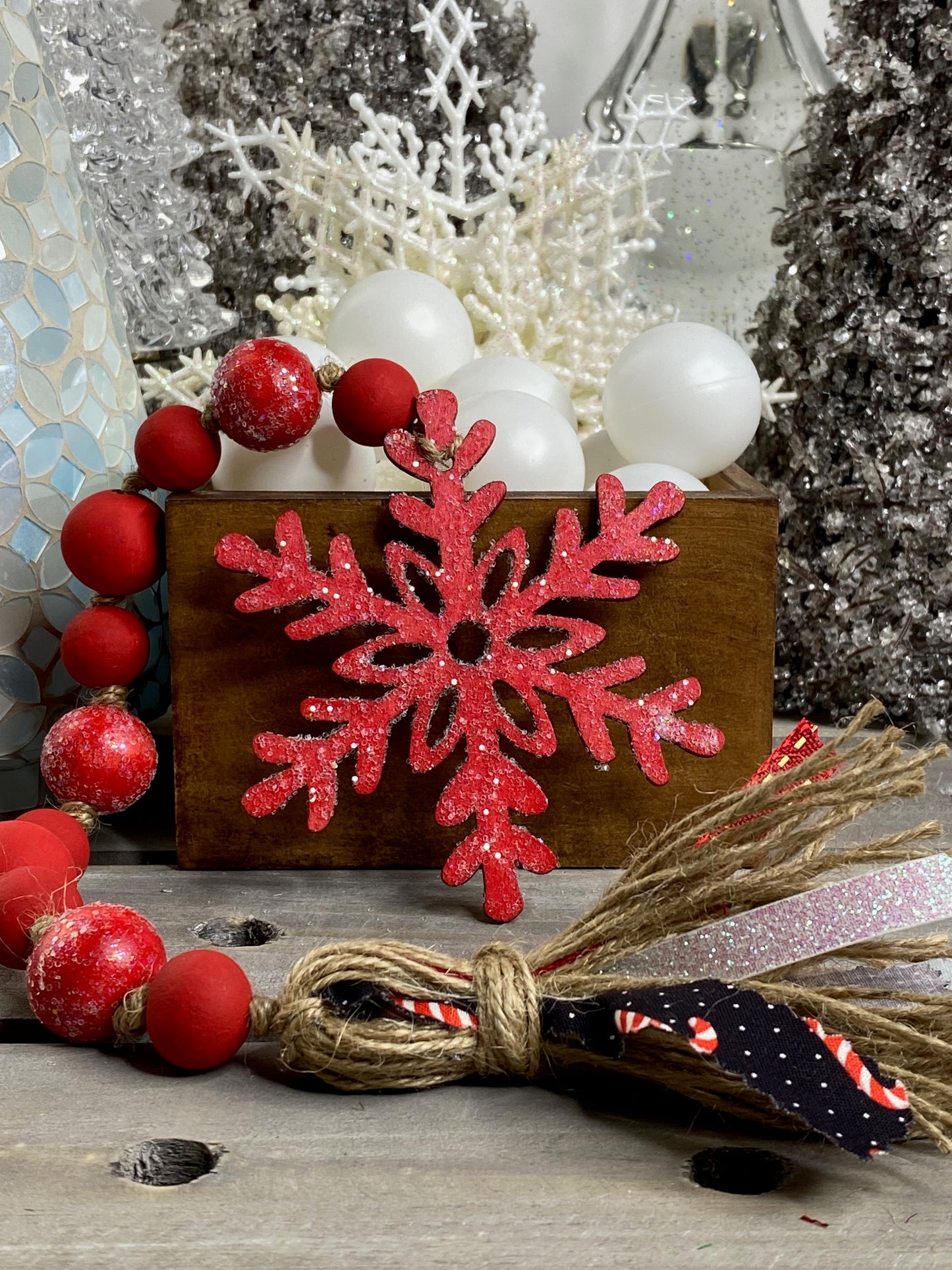 Glittered Red Snowflake Wood Bead Garland