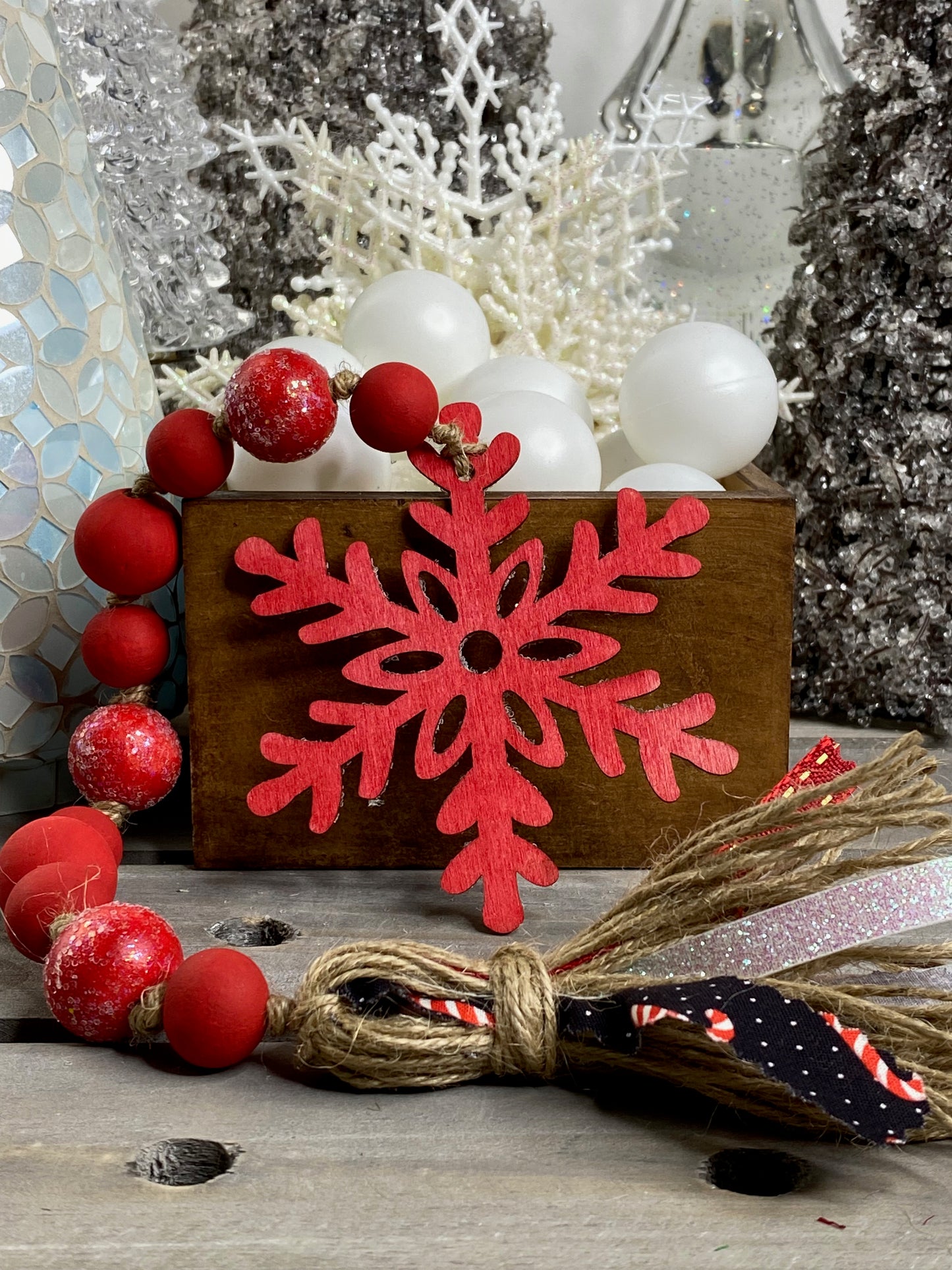 Glittered Red Snowflake Wood Bead Garland