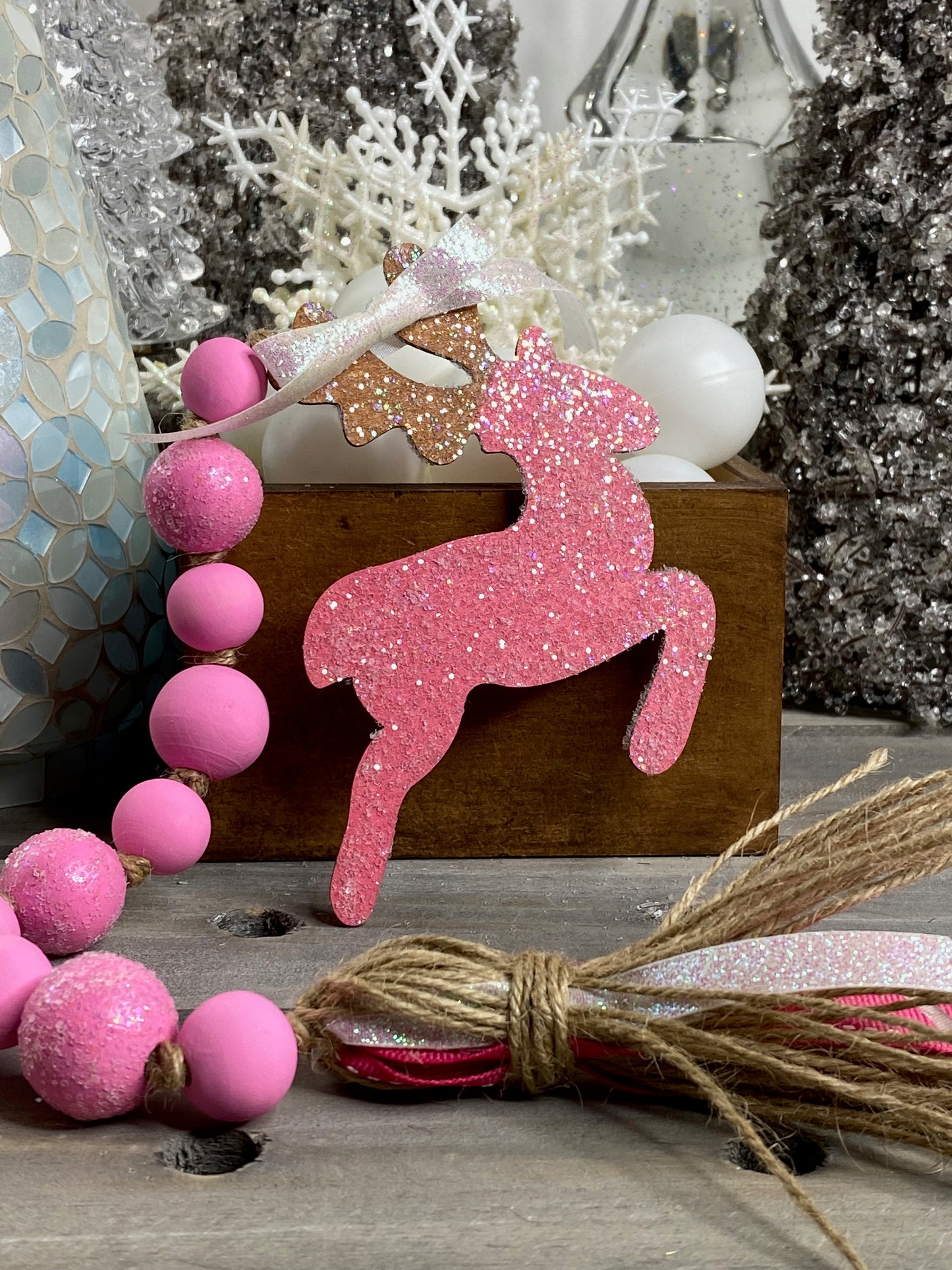 Reindeer Wood Bead Garland Pink