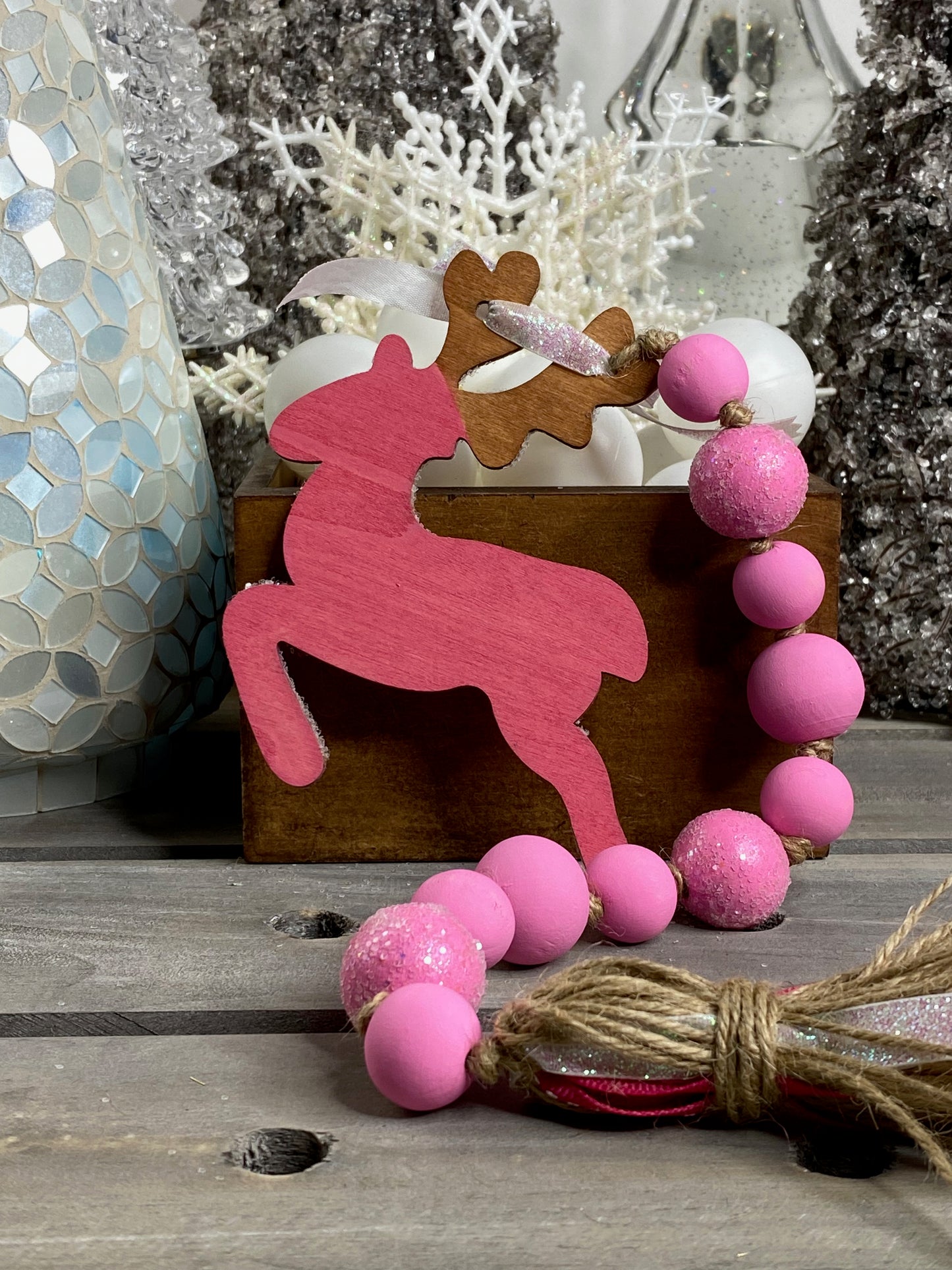 Reindeer Wood Bead Garland Pink