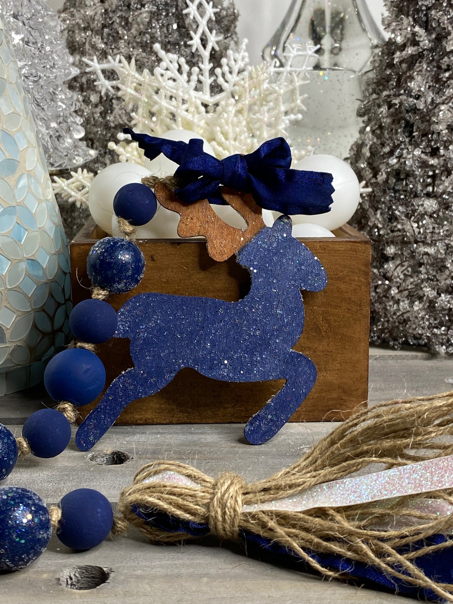 Reindeer Wood Bead Garland Blue