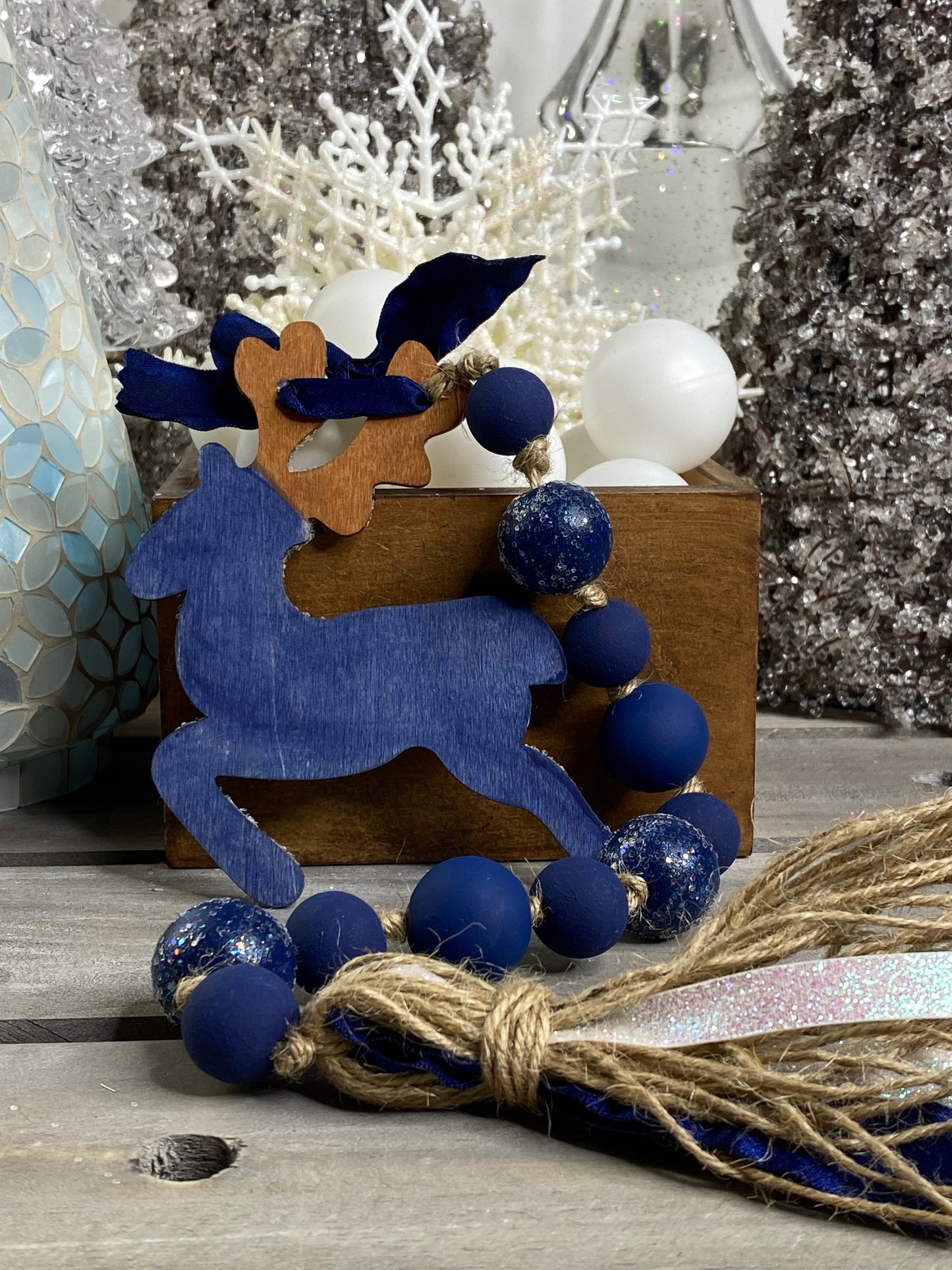 Reindeer Wood Bead Garland Blue