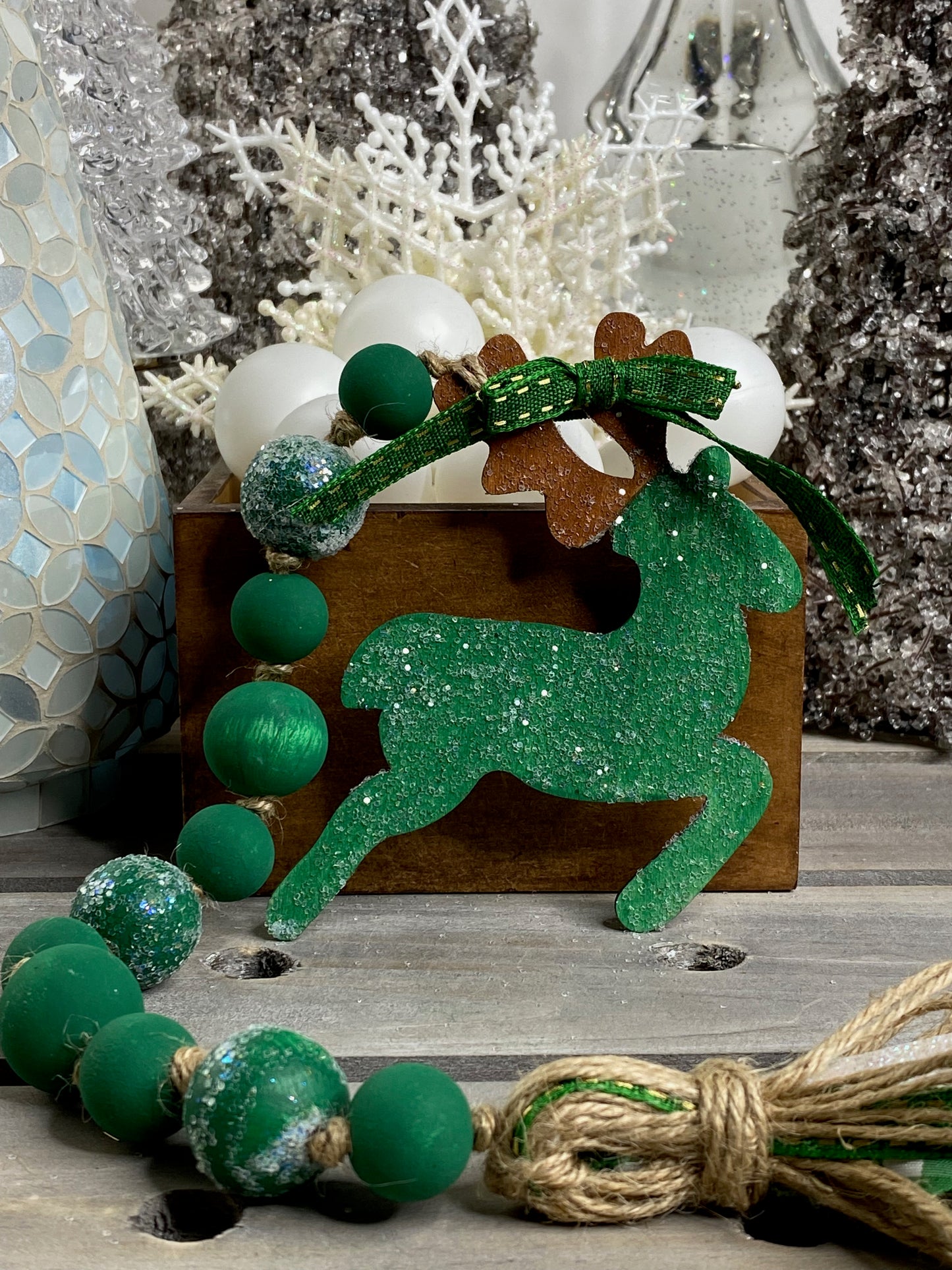 Reindeer Wood Bead Garland Green