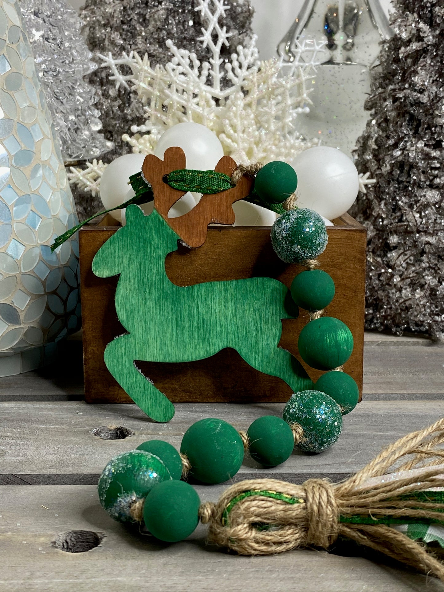 Reindeer Wood Bead Garland Green