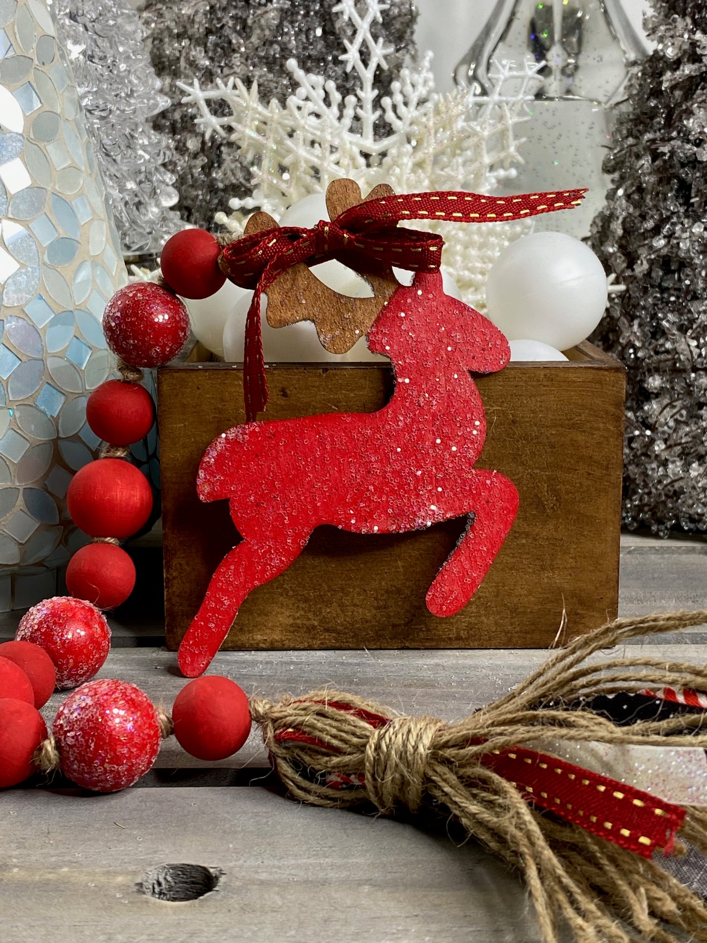 Reindeer Wood Bead Garland Red