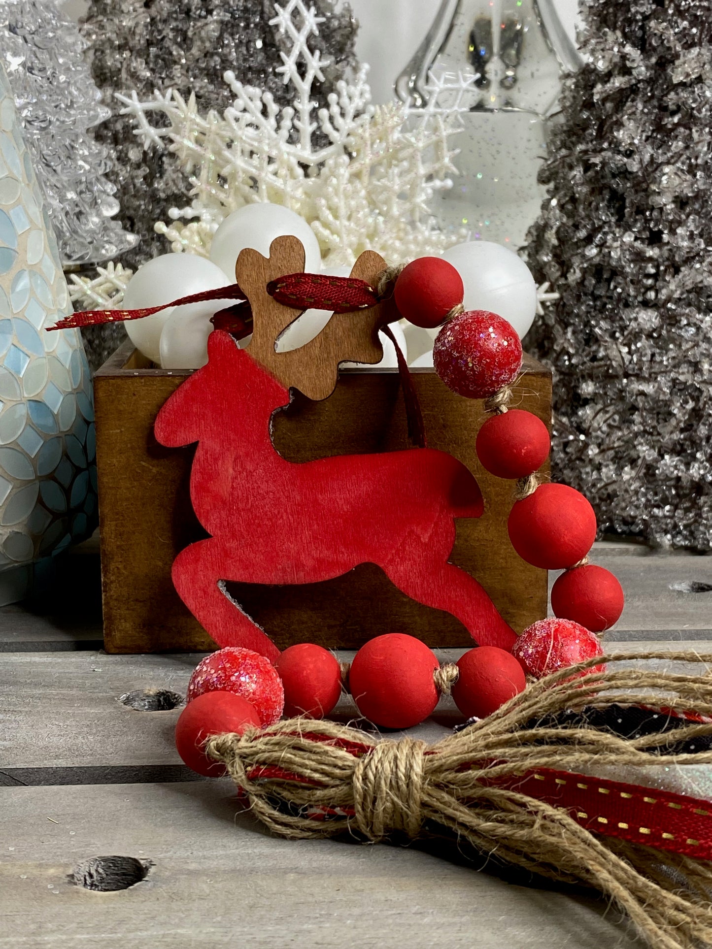 Reindeer Wood Bead Garland Red