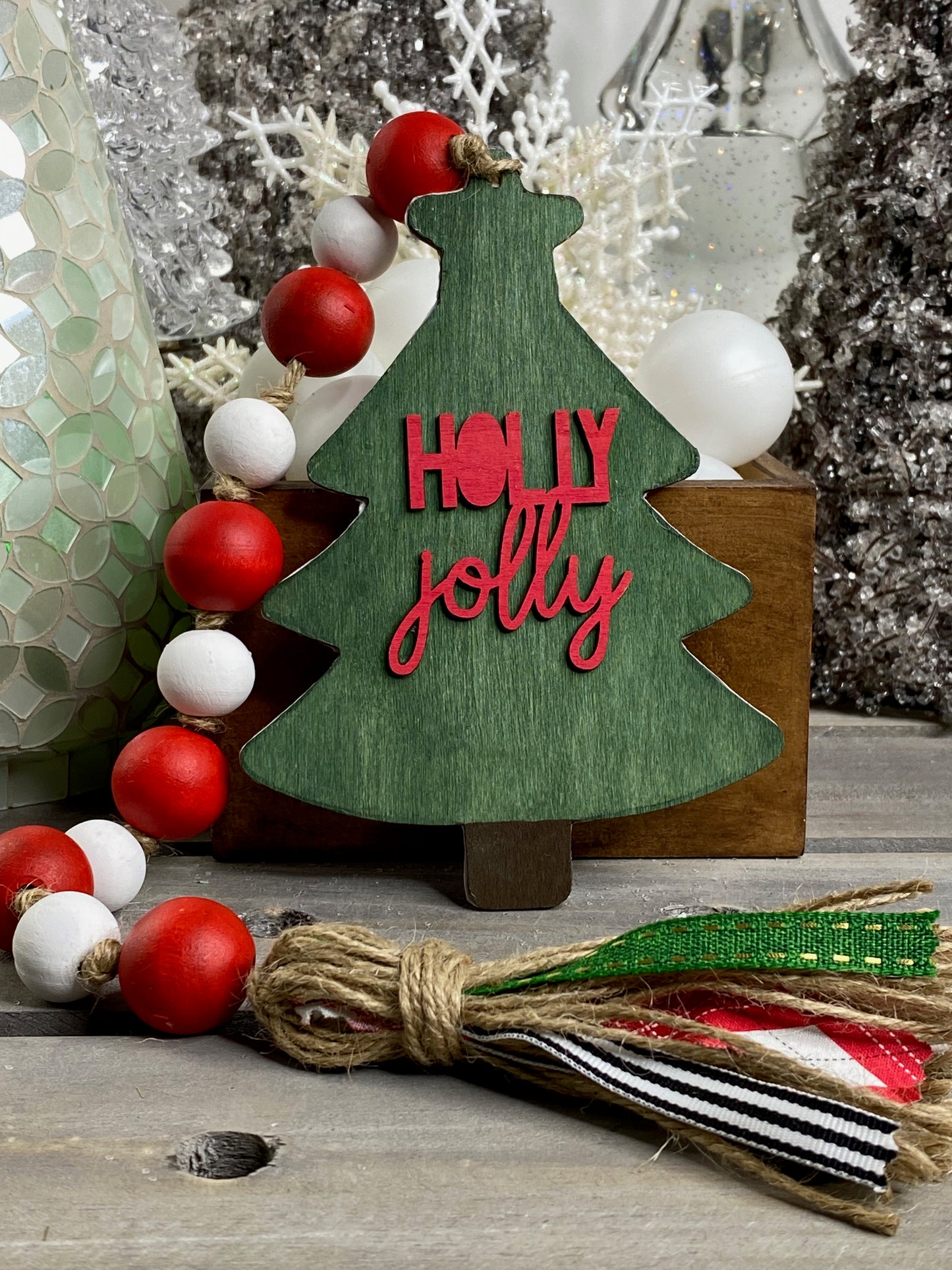 Glittered Holly Jolly Tree Wood Bead Garland