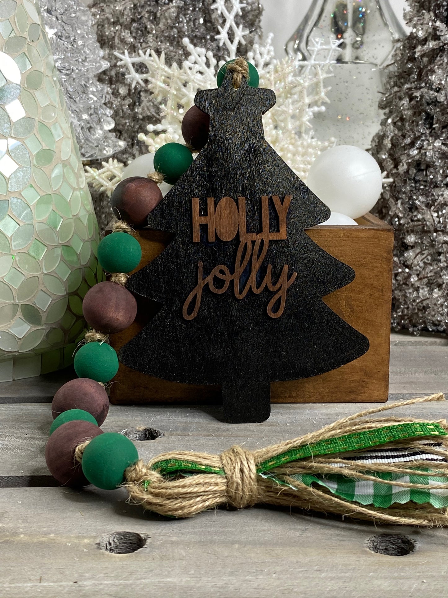 Glittered Star Tree Wood Bead Garland