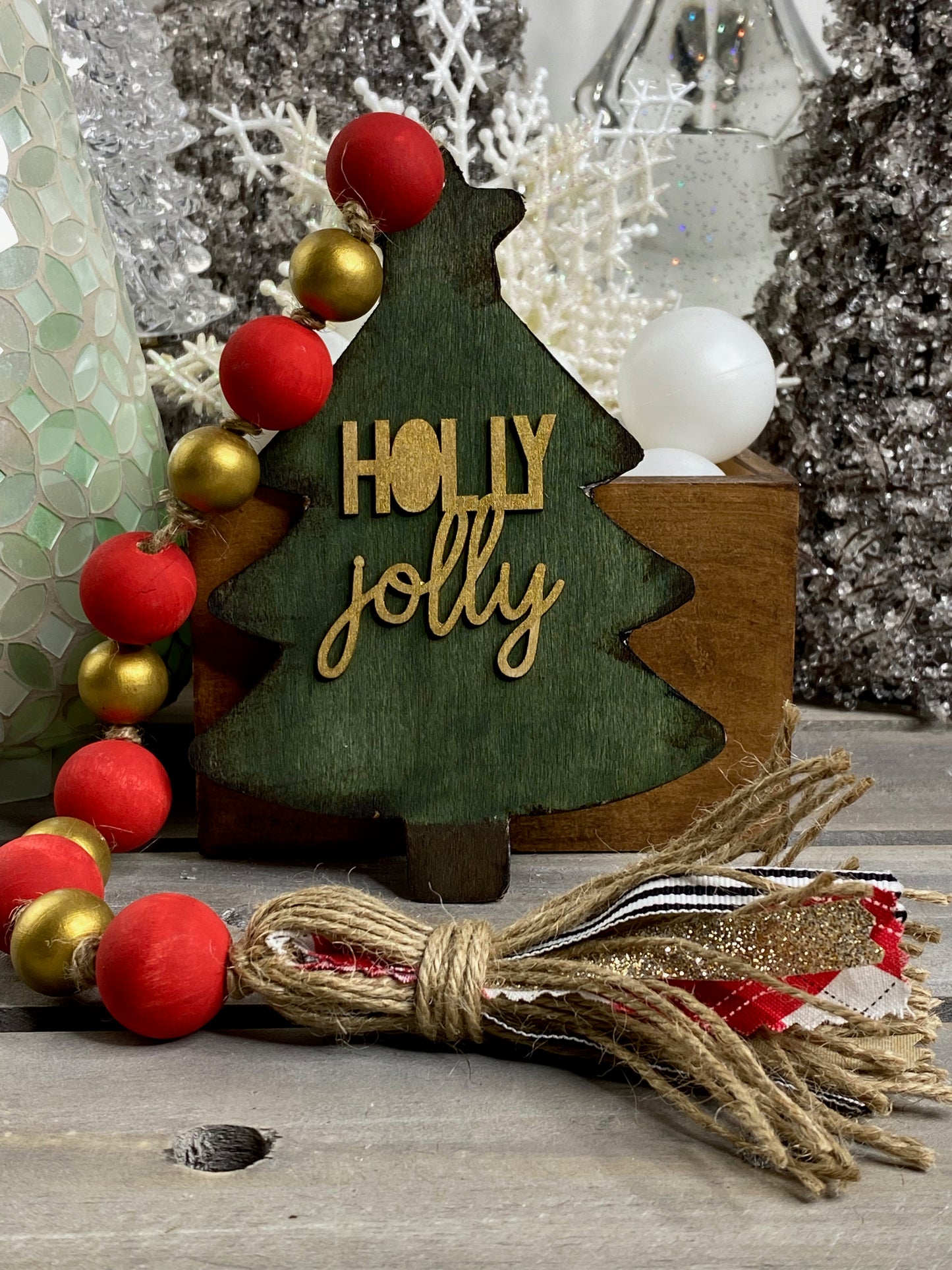 Red and White Striped Tree Wood Bead Garland