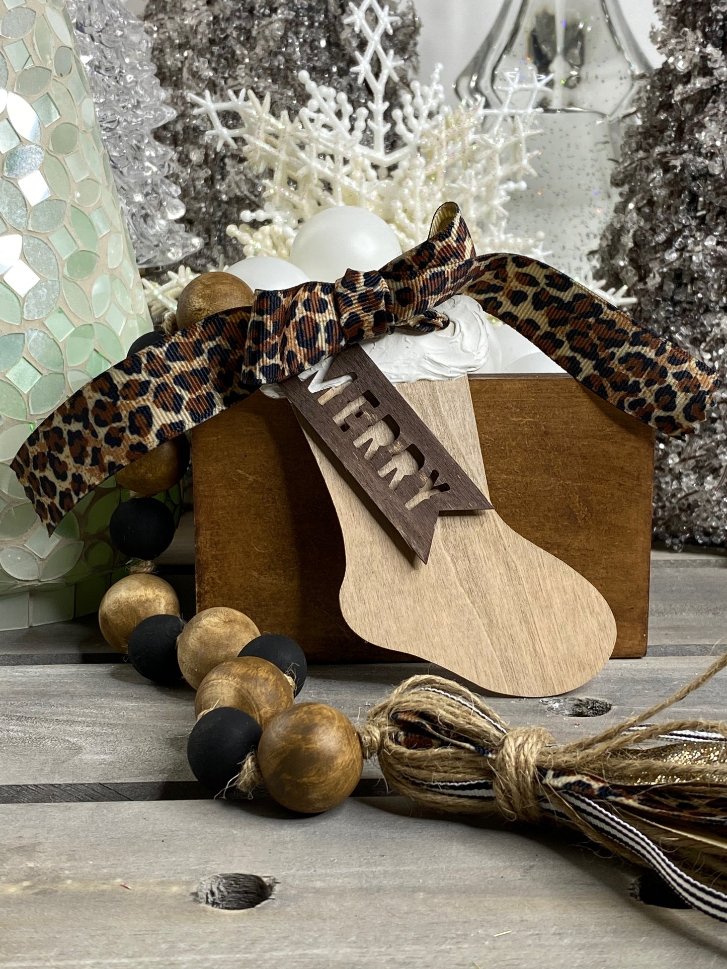 Stocking Wood Bead Garland Leopard Print