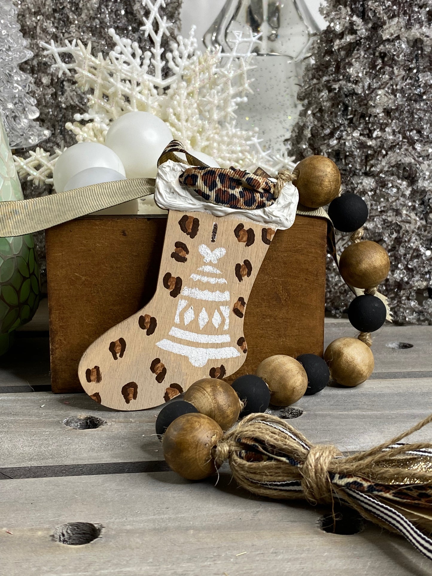 Stocking Wood Bead Garland Leopard Print