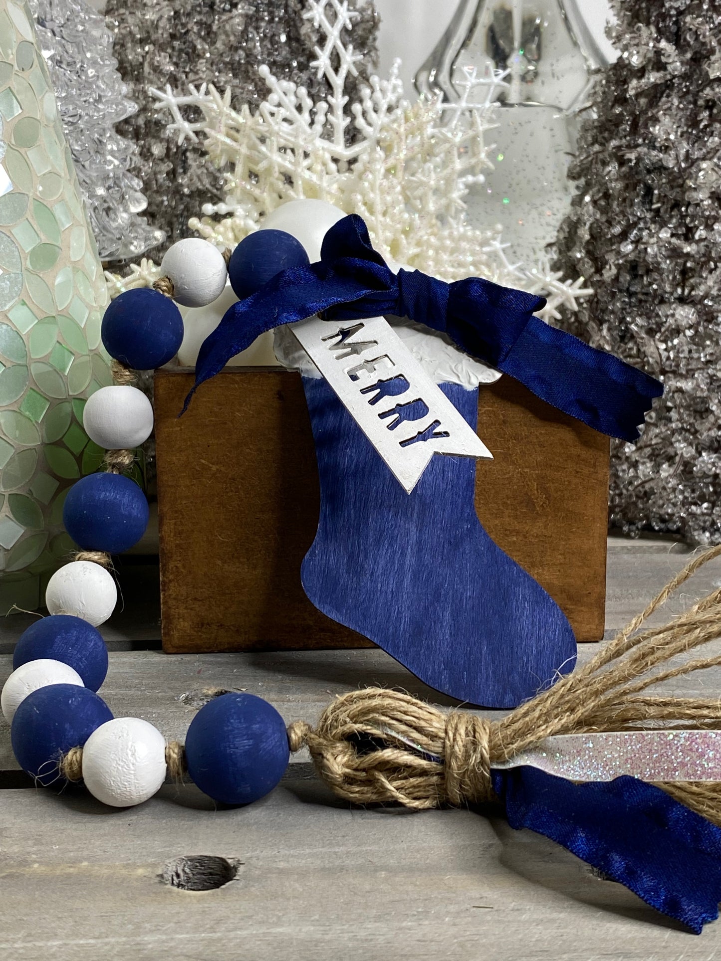 Stocking Wood Bead Garland Blue