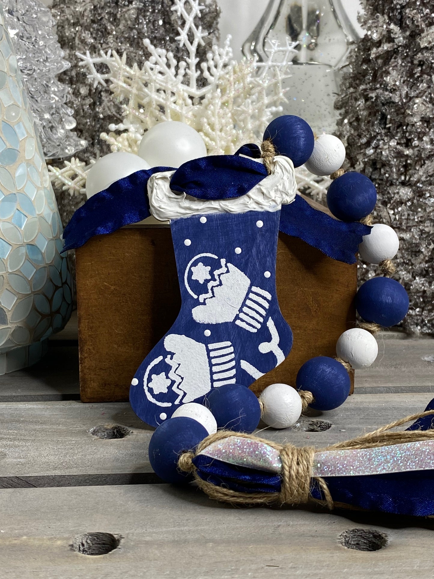 Stocking Wood Bead Garland Blue