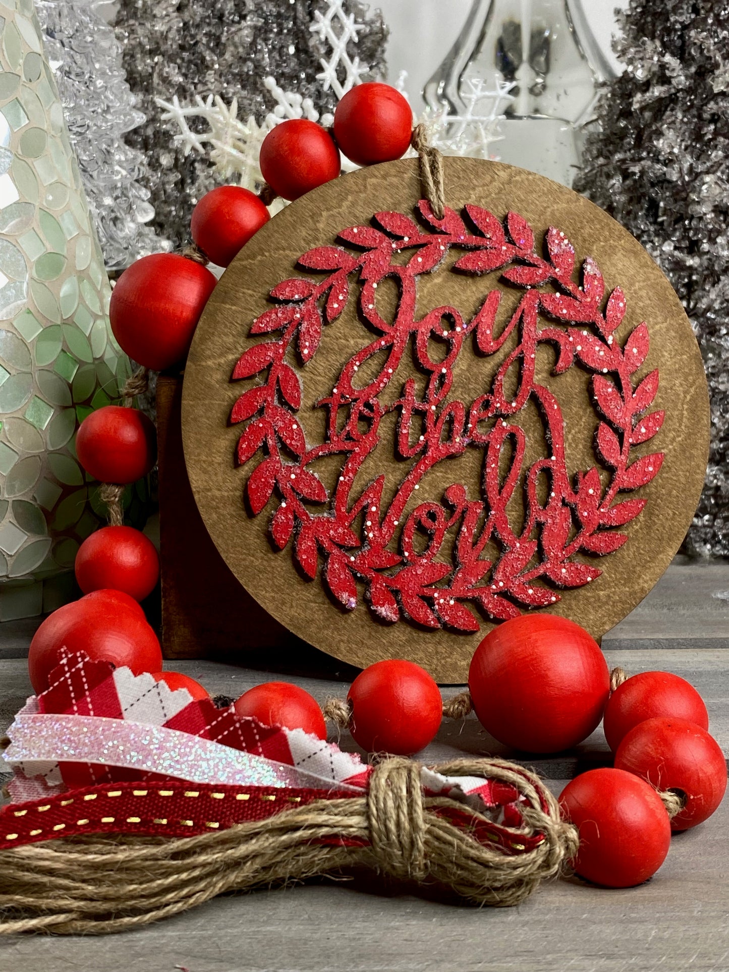 Joy to the World Wood Bead Garland Red