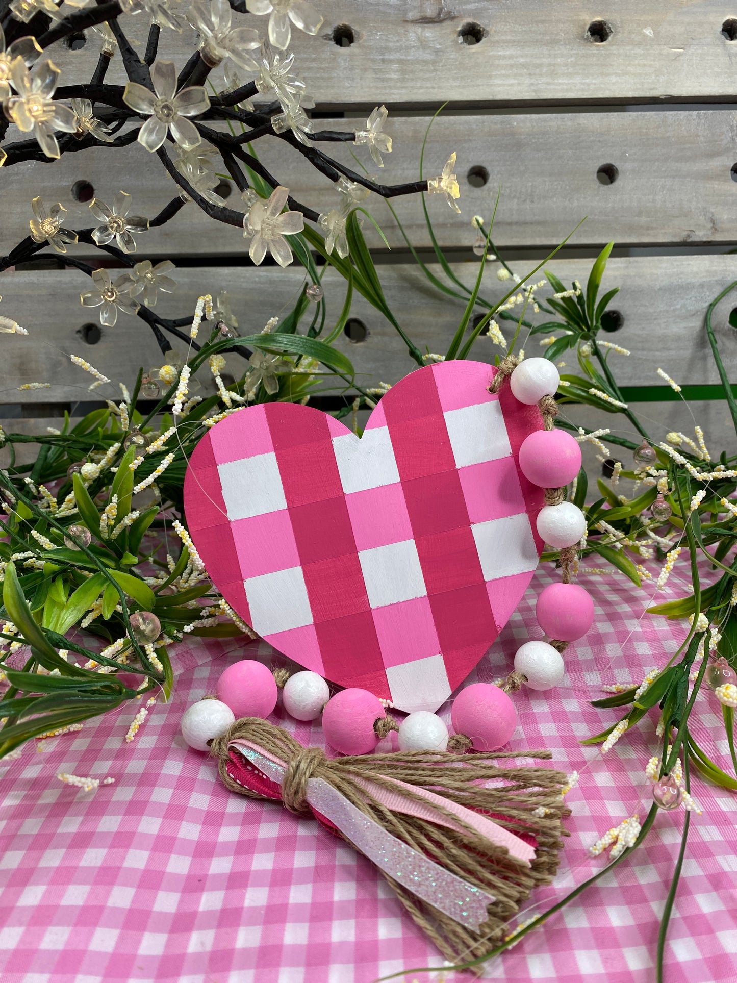 Hello Heart Wood Bead Garland Pink Check