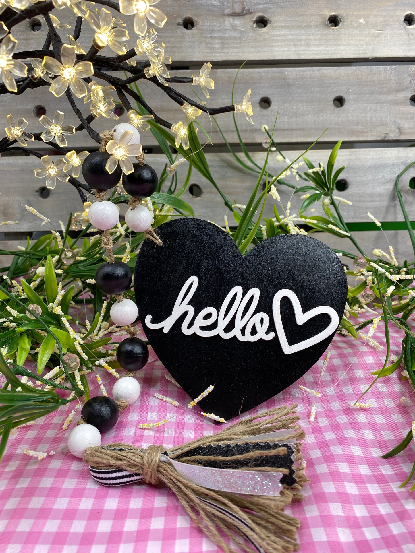 Hello Heart Wood Bead Garland Black Check