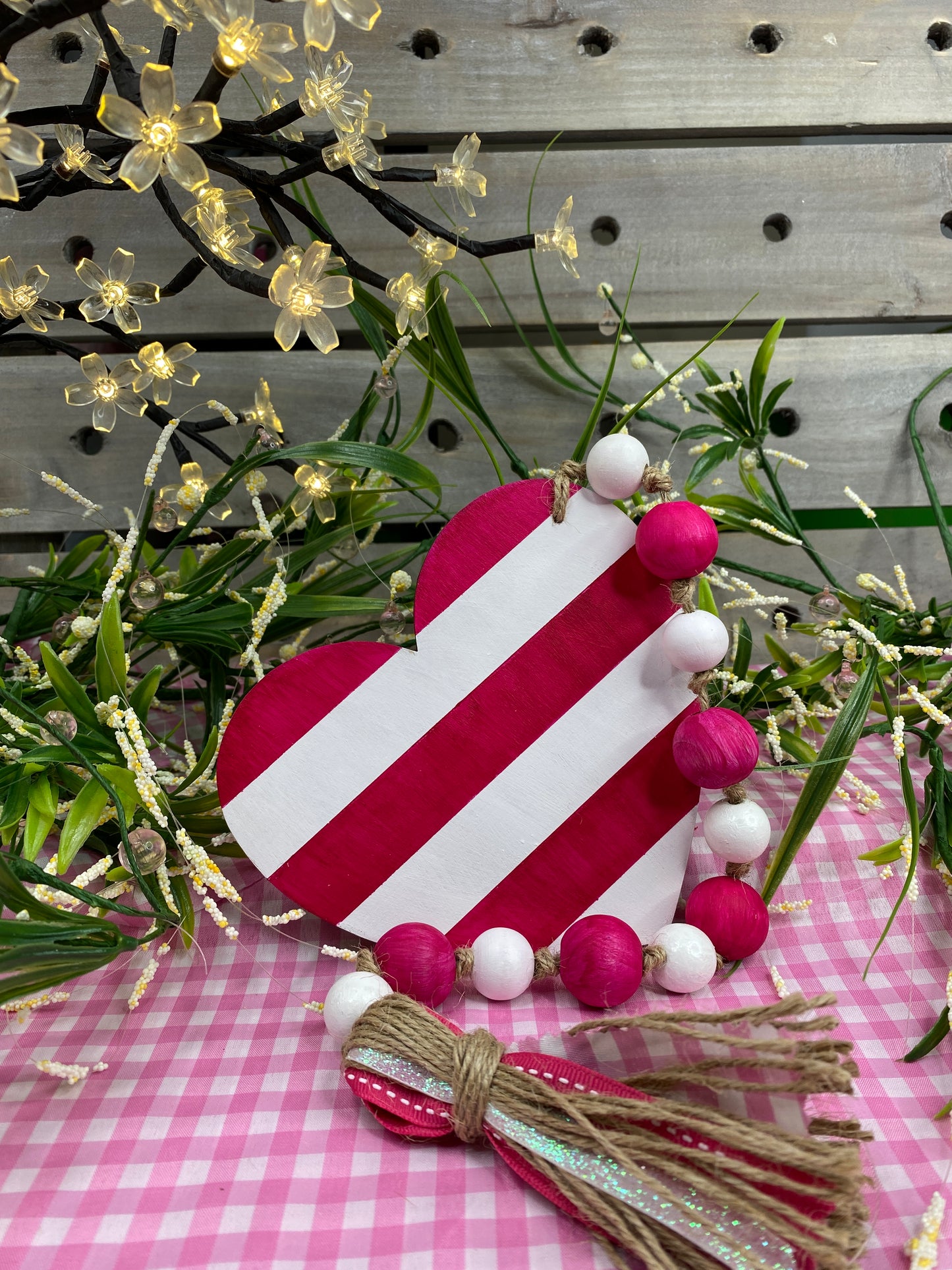 Love Wood Bead Garland Hot Pink Stripe