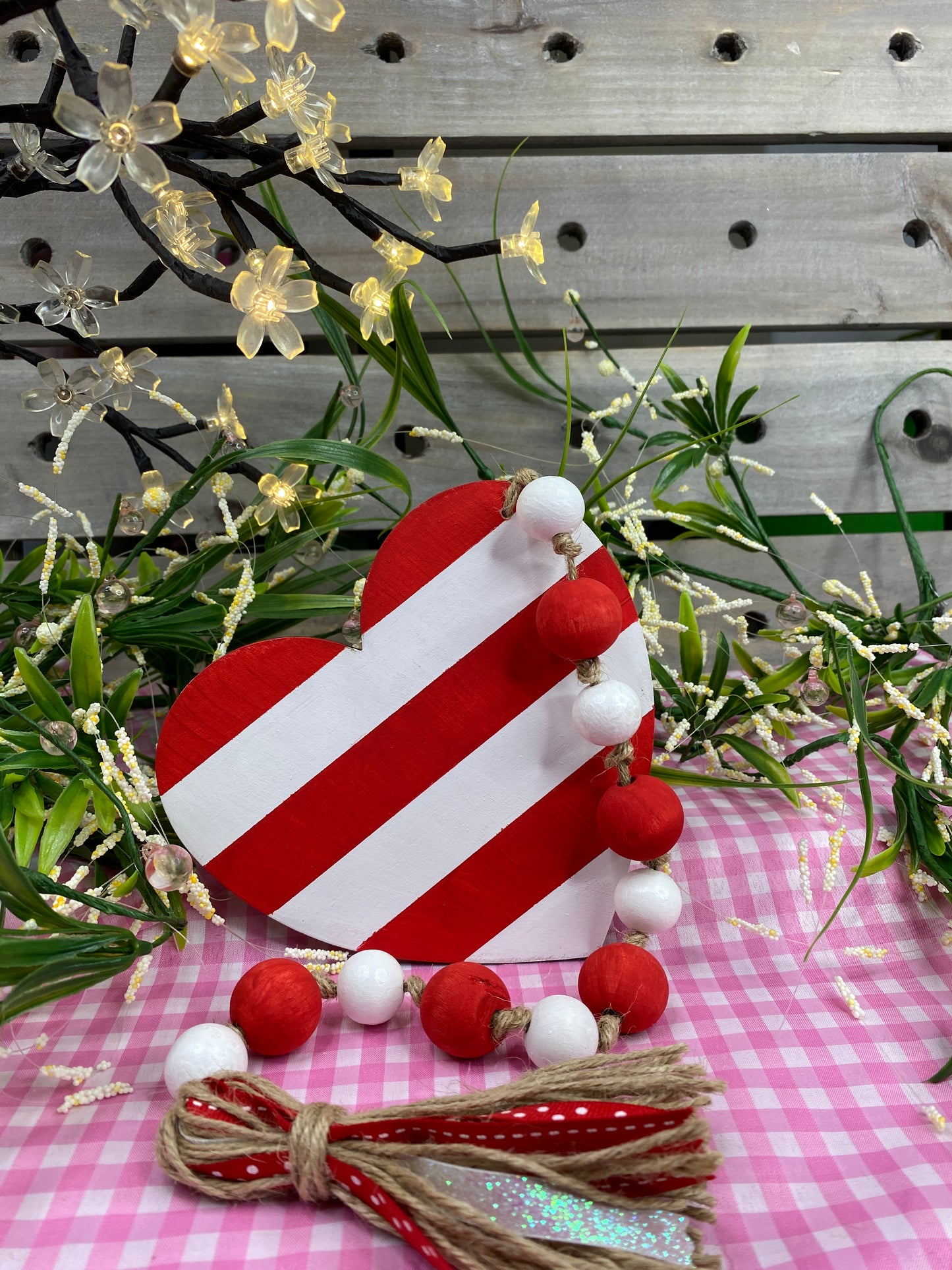 Love Wood Bead Garland Red Stripe