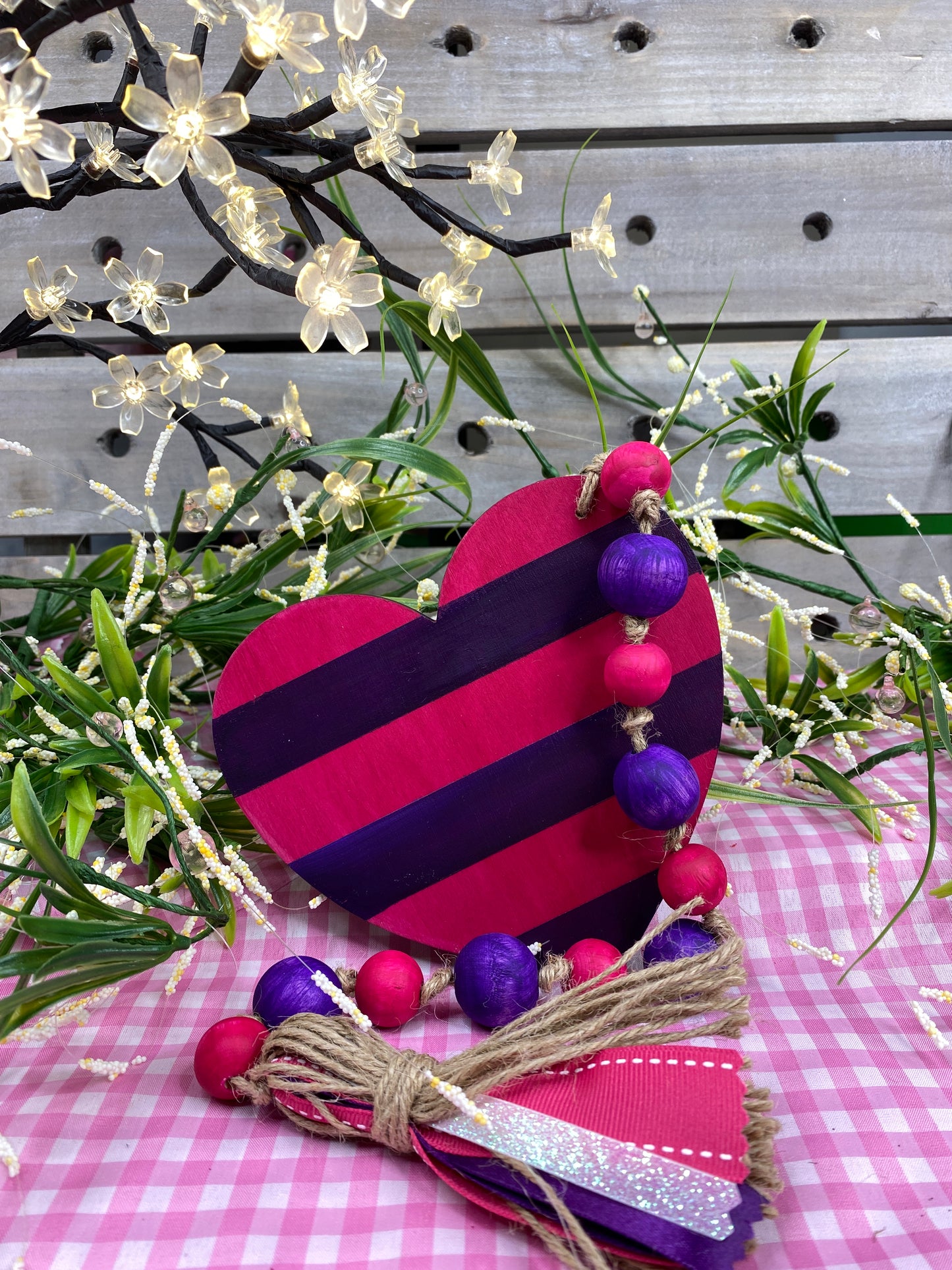 Love Wood Bead Garland Deep Purple Stripe