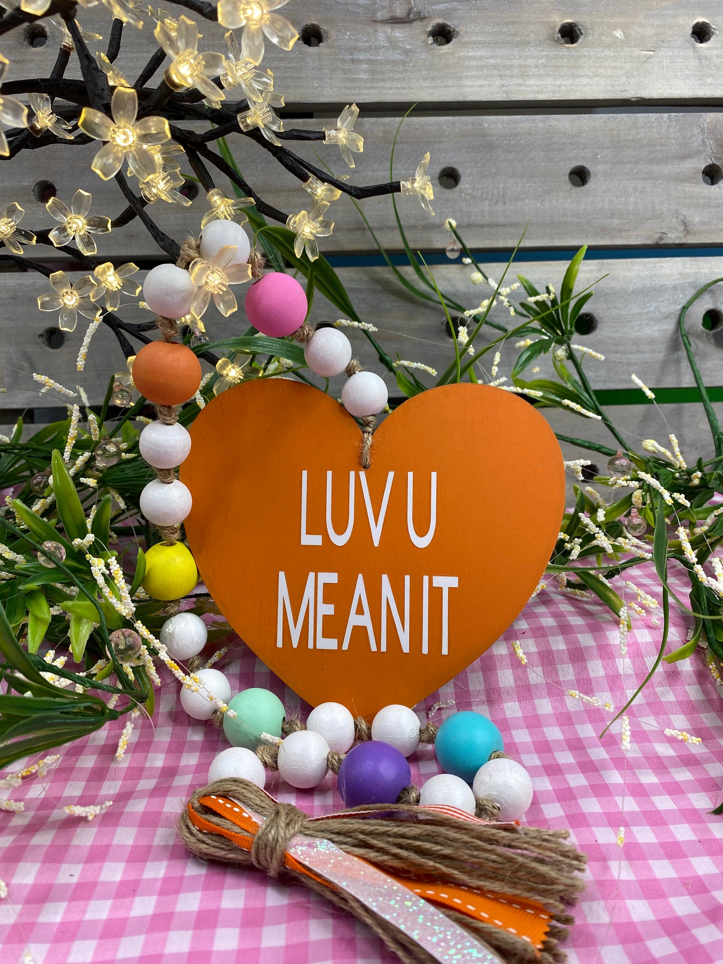 Conversation Heart Wood Bead Garland Orange