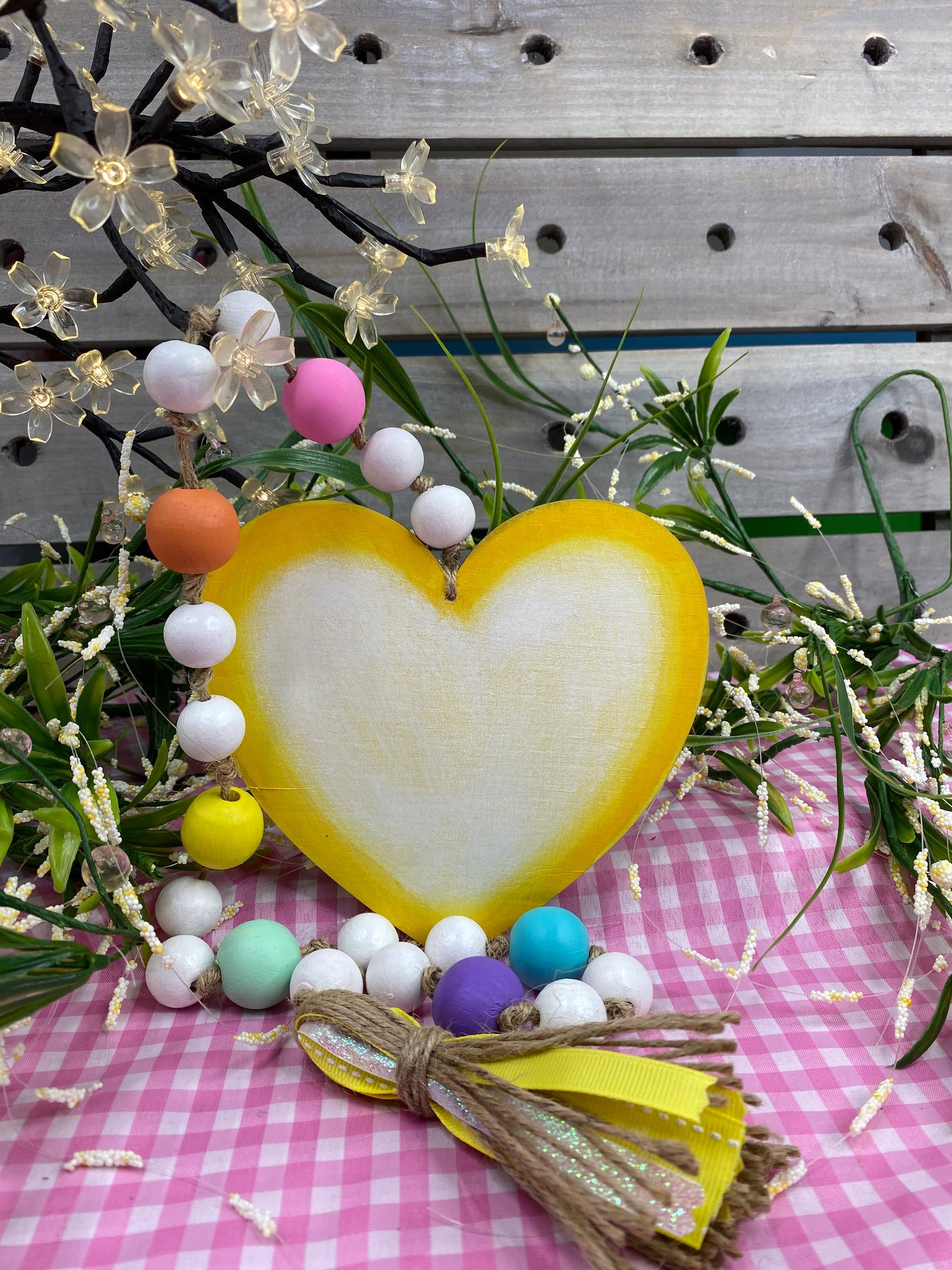 Conversation Heart Wood Bead Garland Yellow