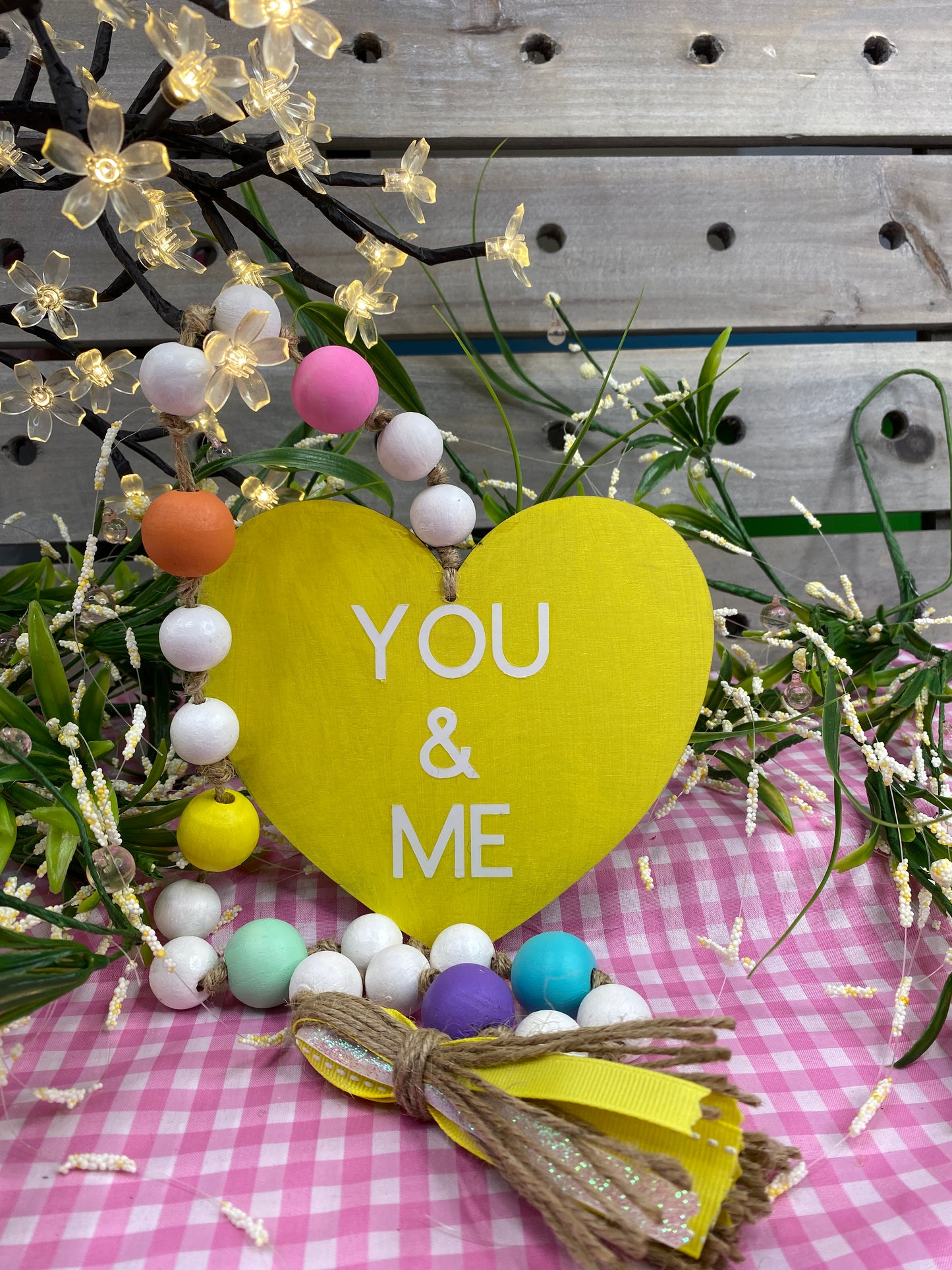 Conversation Heart Wood Bead Garland Yellow