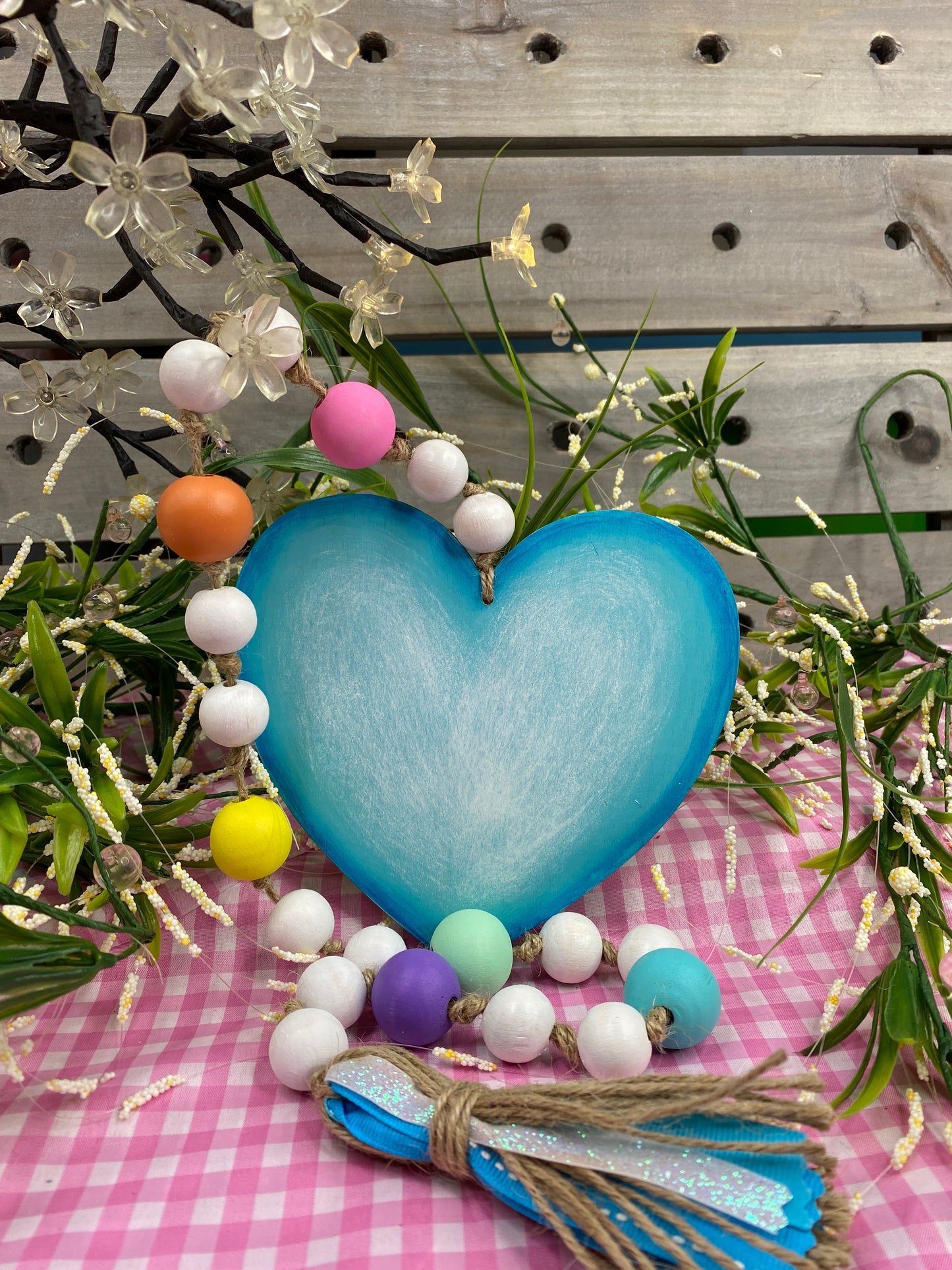 Conversation Heart Wood Bead Garland Blue