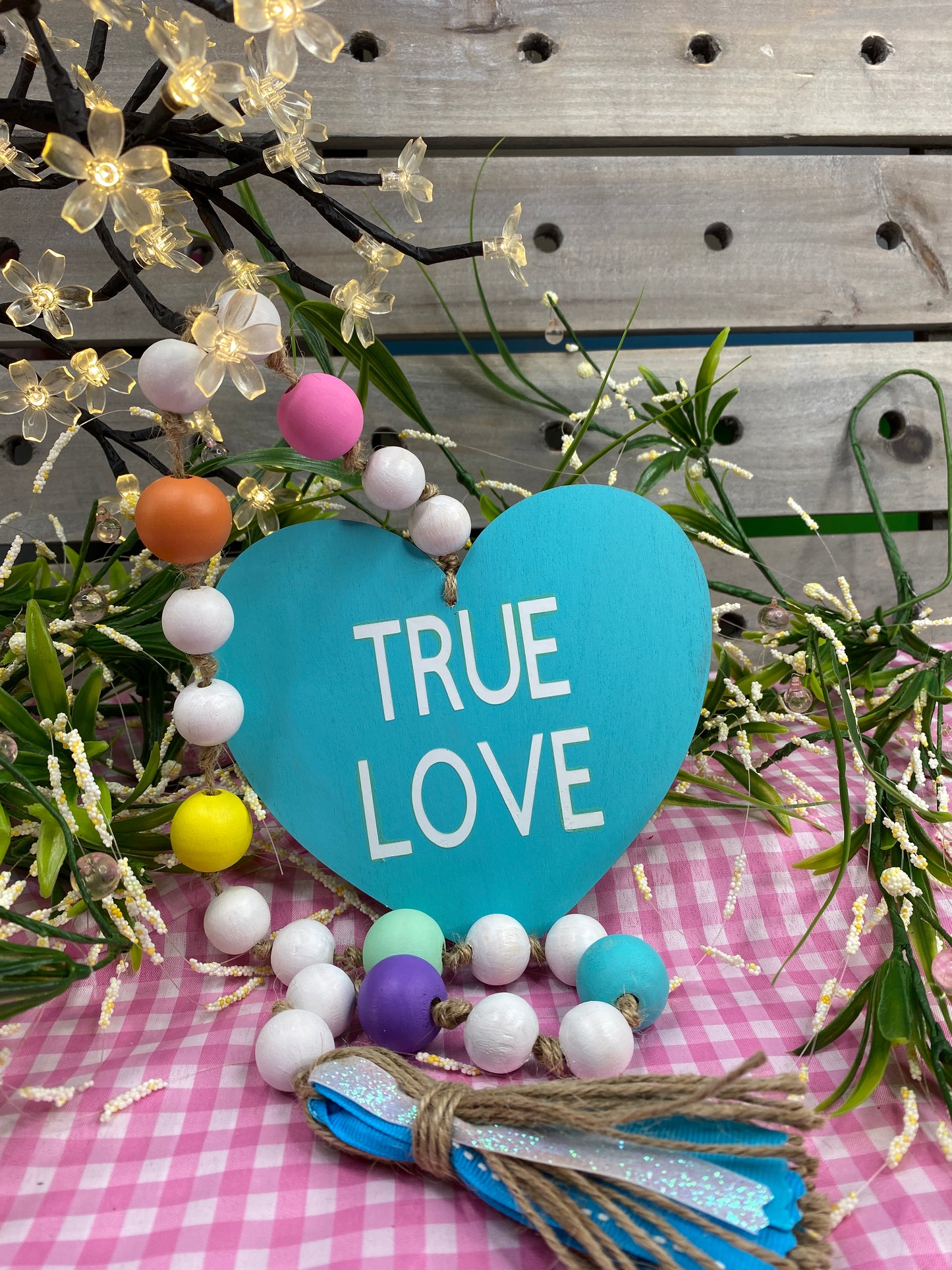 Conversation Heart Wood Bead Garland Blue