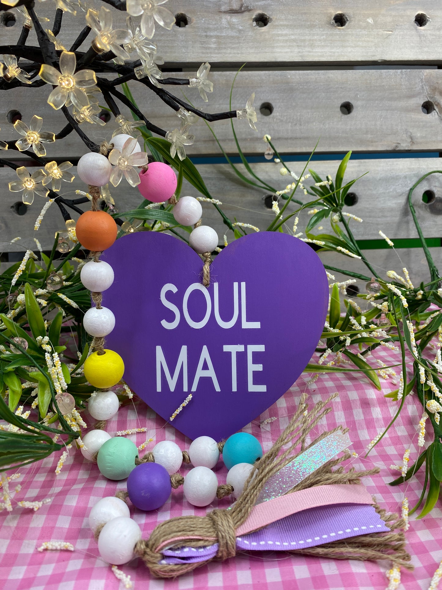 Conversation Heart Wood Bead Garland Purple