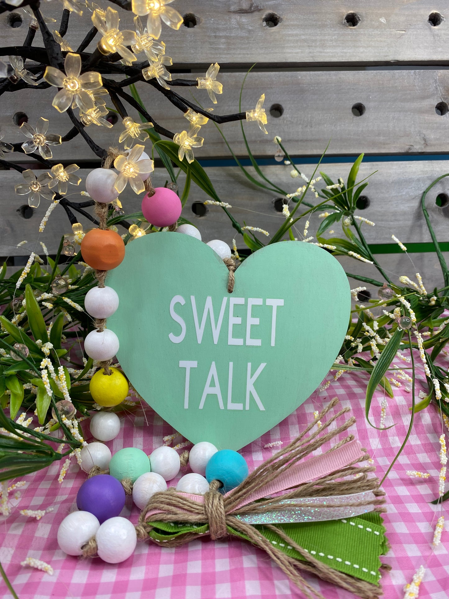 Conversation Heart Wood Bead Garland Green