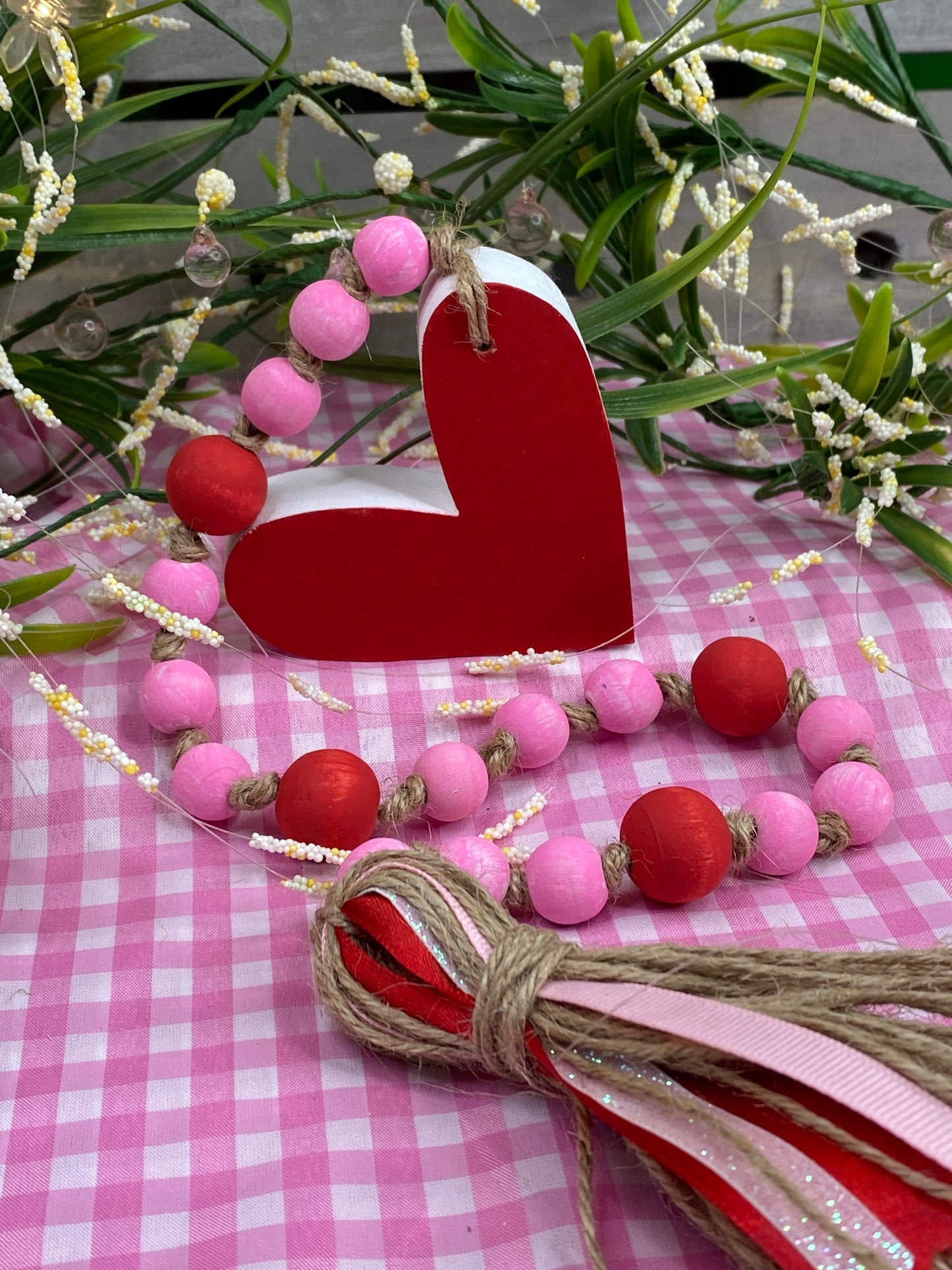 Chunky Heart Wood Bead Garland Pink Red