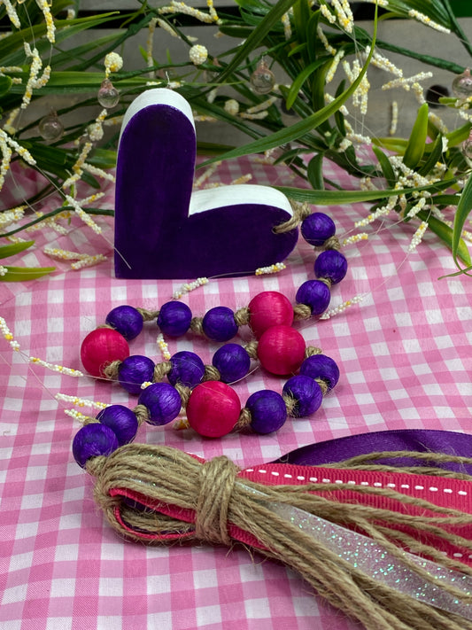 Chunky Heart Wood Bead Garland Deep Purple Hot Pink