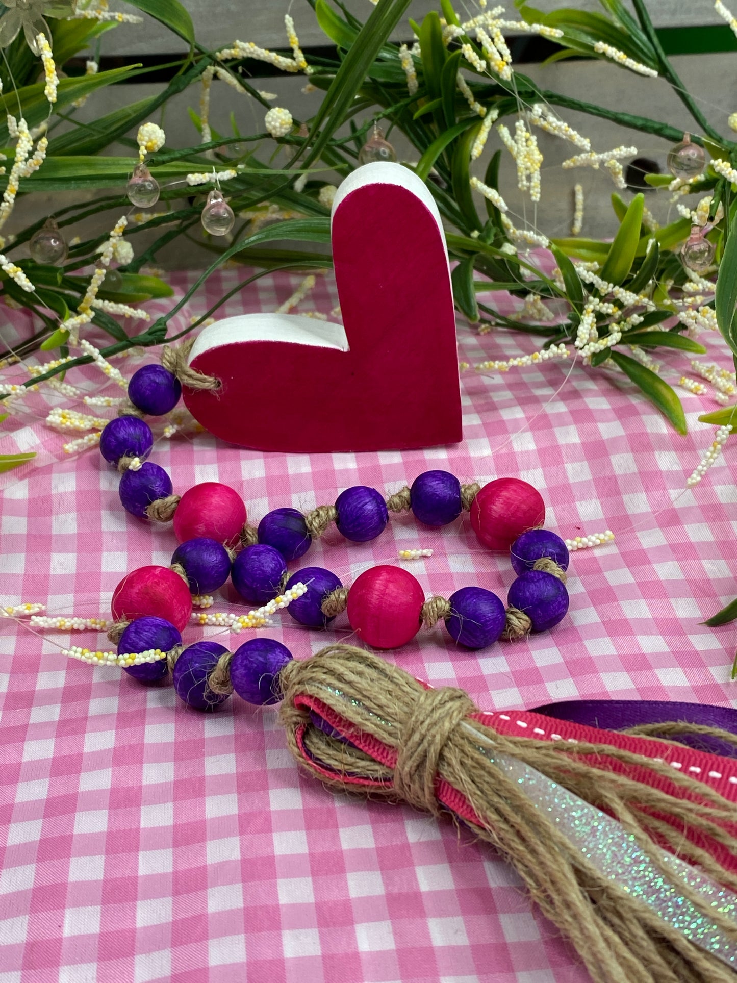 Chunky Heart Wood Bead Garland Deep Purple Hot Pink