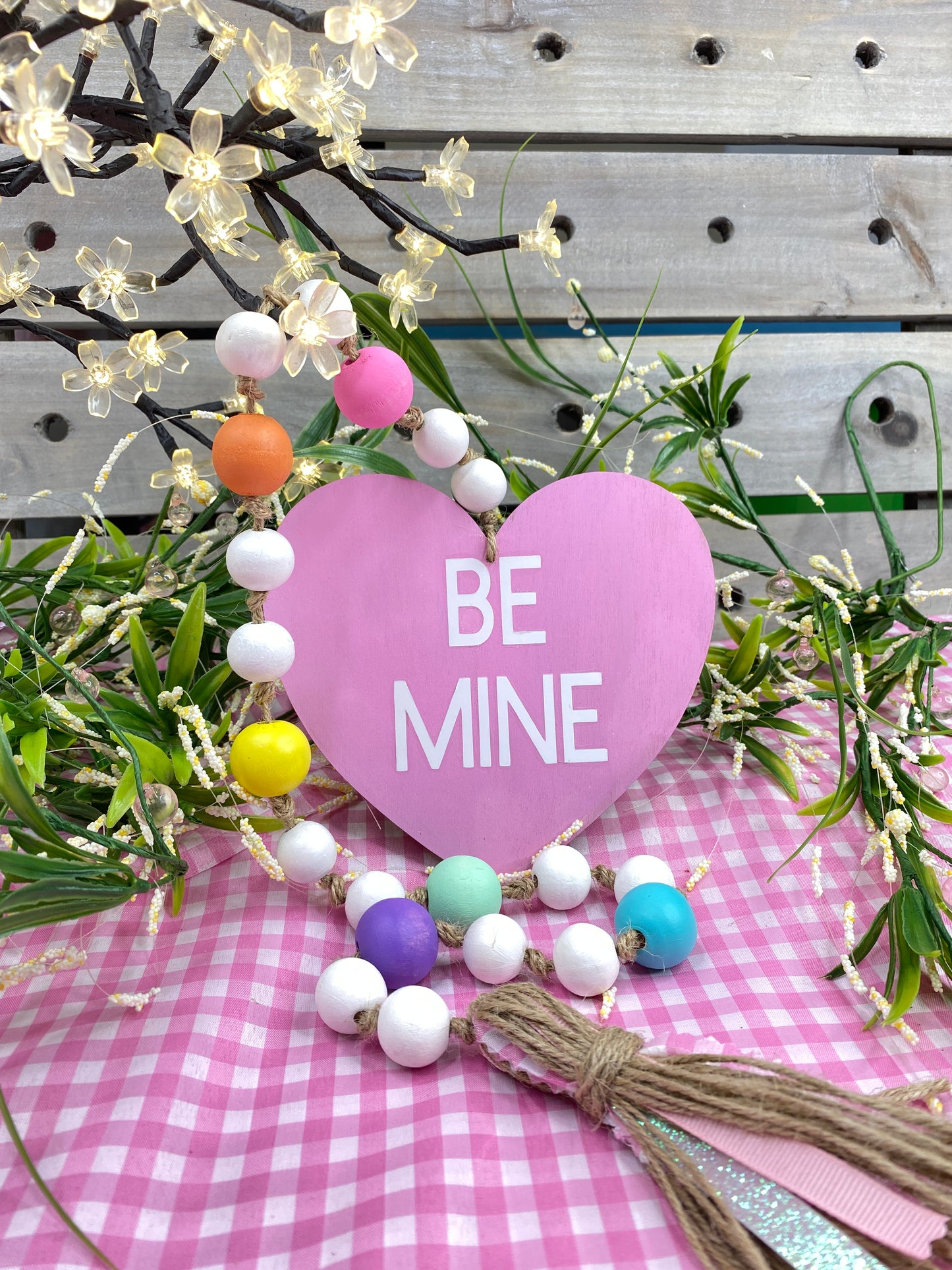 Conversation Heart Wood Bead Garland Pink